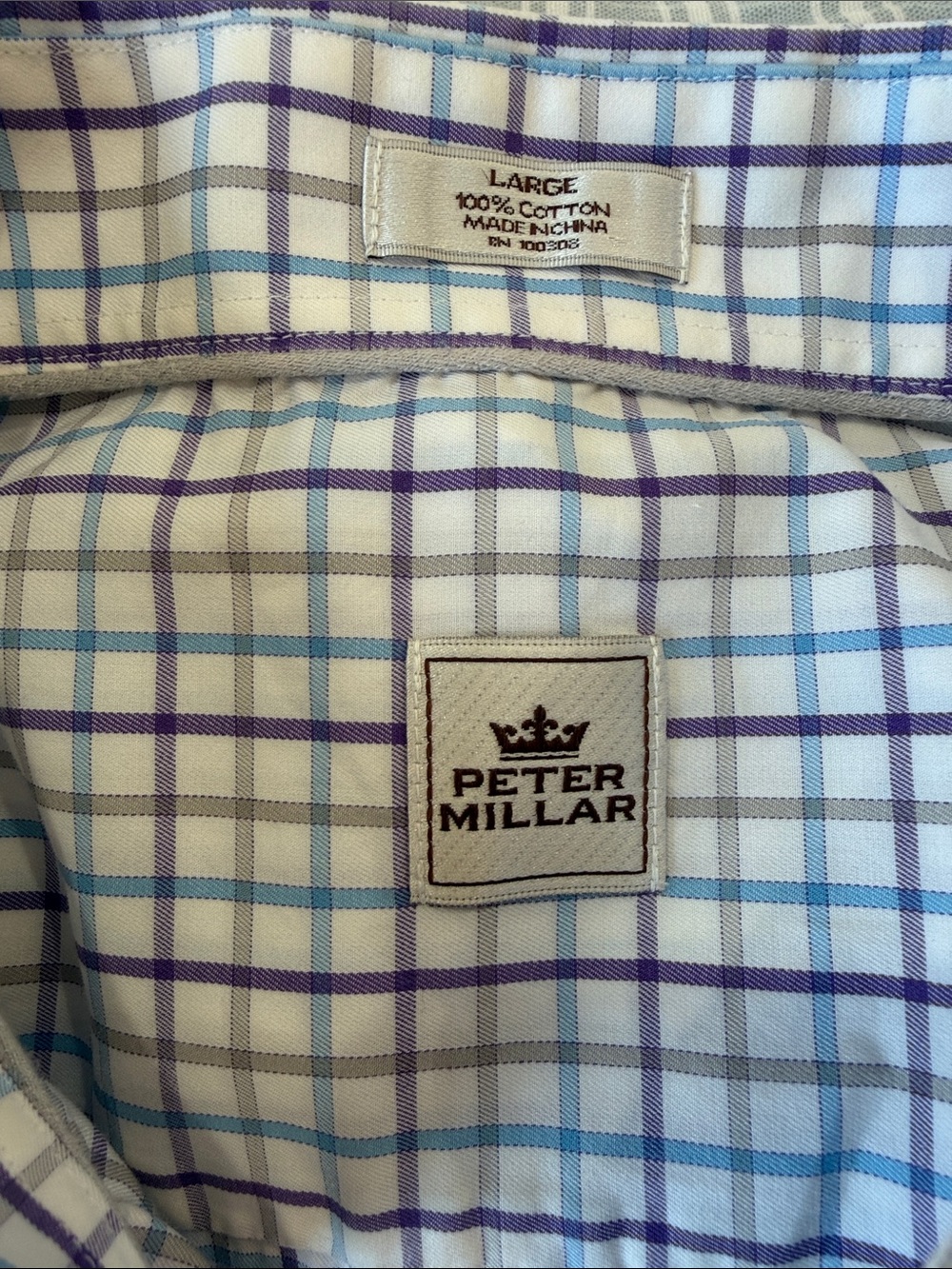 Peter Millar Men’s Size L Blue and Purple Plaid Button-Down Shirt - Picture 2 of 5
